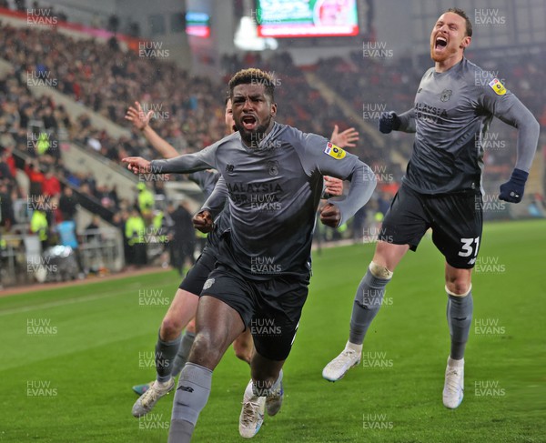 270423 - Rotherham v Cardiff - Sky Bet Championship - Cedric Kipre of Cardiff celebrates scoring the winning goal with Jack Simpson and Connor Wickham