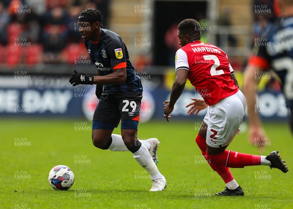 150423 - Rotherham United v Luton Town - Sky Bet Championship - Amari’i Bell of Luton Town brings the ball past Wes Harding of Rotherham