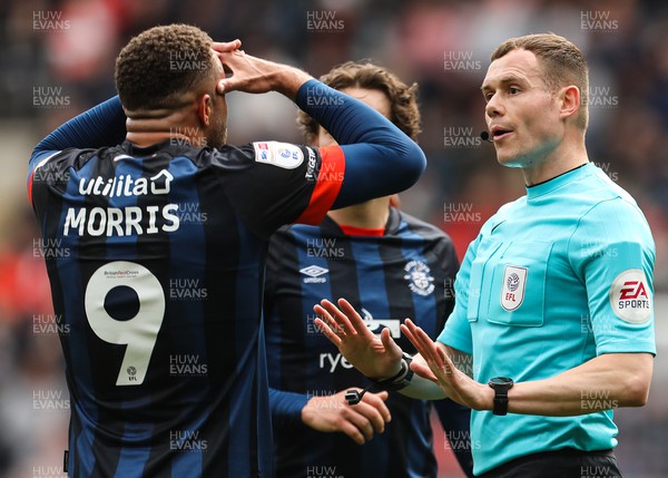 150423 - Rotherham United v Luton Town - Sky Bet Championship - Referee Leigh Doughty warns Carlton Morris of Luton Town to keep his head after a rough challenge
