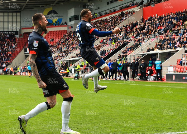 150423 - Rotherham United v Luton Town - Sky Bet Championship - Carlton Morris of Luton Town scores his sides first goal of the match and celebrates