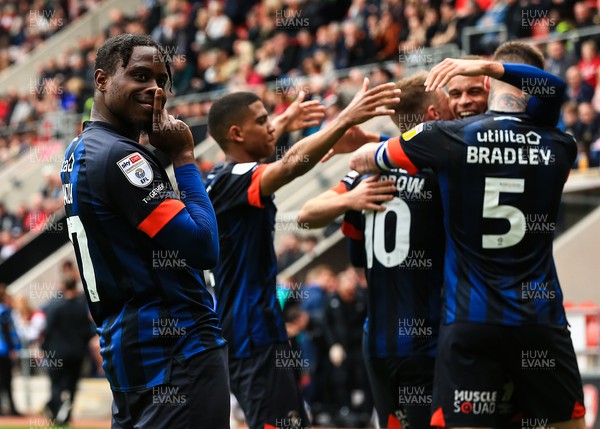 150423 - Rotherham United v Luton Town - Sky Bet Championship - Carlton Morris of Luton Town scores his sides first goal of the match and celebrates with team mates