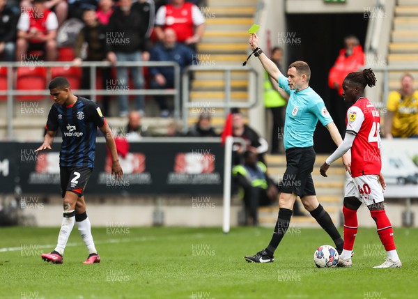 150423 - Rotherham United v Luton Town - Sky Bet Championship - Cody Drameh of Luton Town receives a yellow card off Referee Leigh Doughty for a bad challenge