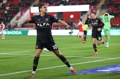 201026 - Rotherham United v Newport County - Sky Bet League 2 - Harrison Biggins of Newport celebrates their 2nd goal scored by Ged Garner (behind)
