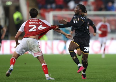 201026 - Rotherham United v Newport County - Sky Bet League 2 - Yahya Bamba of Newport with Hamish Douglas of Rotherham