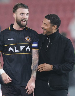 201026 - Rotherham United v Newport County - Sky Bet League 2 - Newport manager Hayden Mullins has a laugh with Kyle Cameron of Newport at the end of the match
