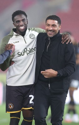201026 - Rotherham United v Newport County - Sky Bet League 2 - Newport manager Hayden Mullins has a laugh with Michael Abu-Poku of Newport at the end of the match
