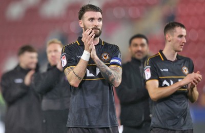 201026 - Rotherham United v Newport County - Sky Bet League 2 - Kyle Cameron of Newport and Ciaran Brennan of Newport applaud the travelling fans at the end of the match