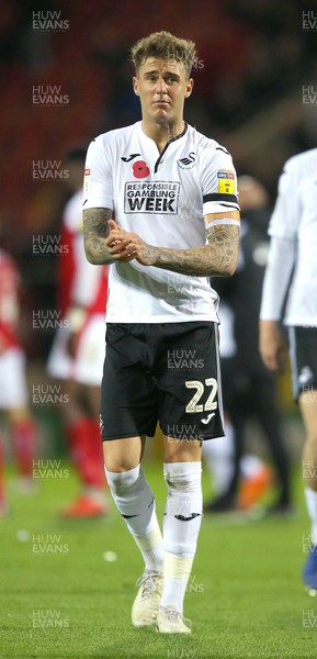 031118 - Rotherham United v Swansea City - Sky Bet Championship - Joe Rodon of Swansea applauds the travelling fans at the end of the match