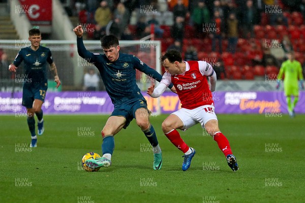 091223 - Rotherham United v Swansea City - Sky Bet Championship - Josh Key of Swansea shields the ball from Ollie Rathbone of Rotherham