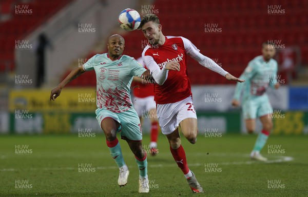 300121 - Rotherham United v Swansea City - Sky Bet Championship - Andre Ayew of Swansea vies with Angus MacDonald of Rotherham United for the ball