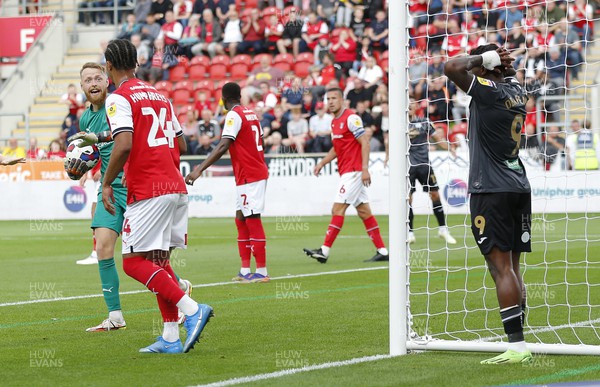 300722 - Rotherham United v Swansea City - Sky Bet Championship - Michael Obafemi of Swansea tries a shot but is blocked by Cameron Humphreys of Rotherham United