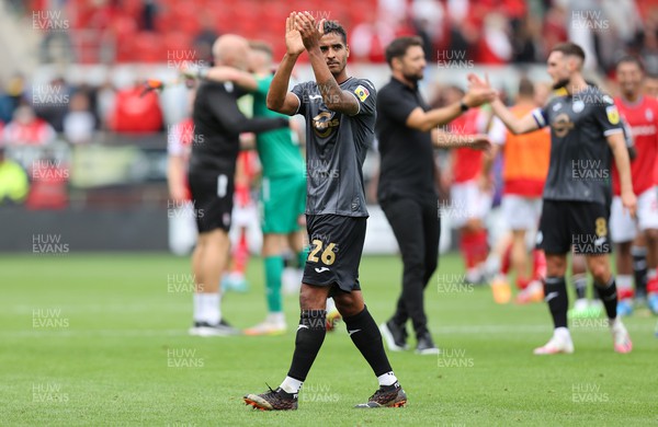300722 - Rotherham United v Swansea City - Sky Bet Championship - Kyle Naughton of Swansea applauds the Welsh fans at the end of the match