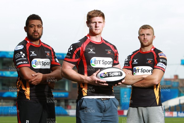 190514 - Regional Rugby Wales launch the BT Sport sponsorship with the four Welsh Regions at the Arms Park - Dragons Toby Faletau, Andrew Coombs and  Tom Prydie 