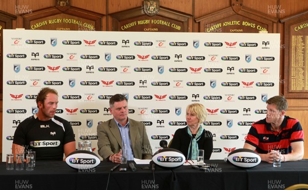 190514 - Regional Rugby Wales launch the BT Sport sponsorship with the four Welsh Regions at the Arms Park - Ospreys Alun Wyn Jones, Scarlets Mark Davies, BT's Ann Beynan and Scarlets Simon Easterby  