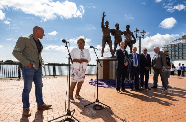 190723 - Cardiff Bay Rugby Codebreakers Statue Unveiling - during the unveiling of a statue in Cardiff Bay to celebrate the achievements of rugby players from Cardiff Bay who joined rugby league teams