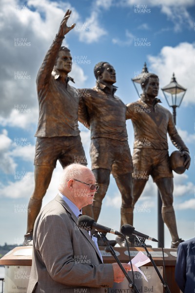 190723 - Cardiff Bay Rugby Codebreakers Statue Unveiling - Rugby league legend Jim Mills addresses guests during the unveiling of a statue in Cardiff Bay to celebrate the achievements of rugby players from Cardiff Bay who joined rugby league teams