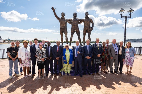 190723 - Cardiff Bay Rugby Codebreakers Statue Unveiling -  Guests at the unveiling of a statue in Cardiff Bay to celebrate the achievements of rugby players from Cardiff Bay who joined rugby league teams