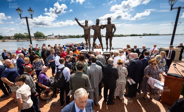 190723 - Cardiff Bay Rugby Codebreakers Statue Unveiling - A general view of the statue in Cardiff Bay to celebrate the achievements of rugby players from Cardiff Bay who joined rugby league teams