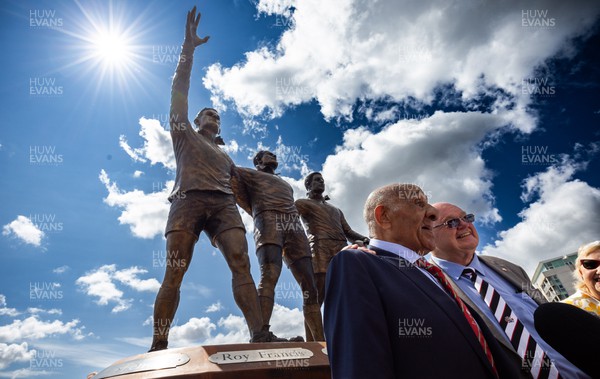 190723 - Cardiff Bay Rugby Codebreakers Statue Unveiling - Rugby league legends Billy Boston, left, and Jim Mills at the unveiling of a statue in Cardiff Bay to celebrate the achievements of rugby players from Cardiff Bay who joined rugby league teams