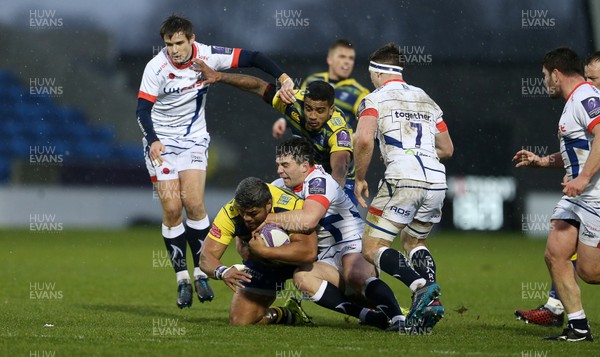 091217 - Sale Sharks v Cardiff Blues - European Rugby Challenge Cup - Nick Williams of Cardiff Blues is tackled by Cameron Neild of Sale
