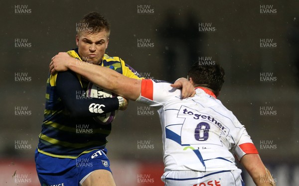 091217 - Sale Sharks v Cardiff Blues - European Rugby Challenge Cup - Gareth Anscombe of Cardiff Blues is tackled by Cameron Neild of Sale
