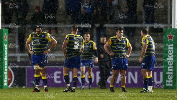 091217 - Sale Sharks v Cardiff Blues - European Rugby Challenge Cup - Dejected George Earle, Matthew Rees, Brad Thyer and Anton Peikrishvili of Cardiff Blues