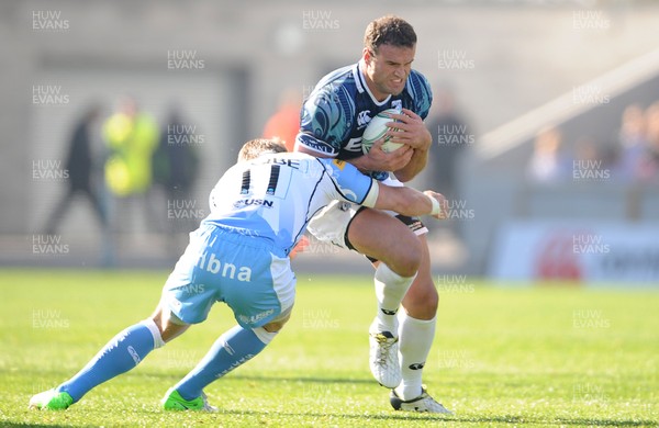 141012 - Sale v Cardiff Blues - Heineken Cup -Jamie Roberts of Cardiff Blues is tackled by Mark Cueto of Sale