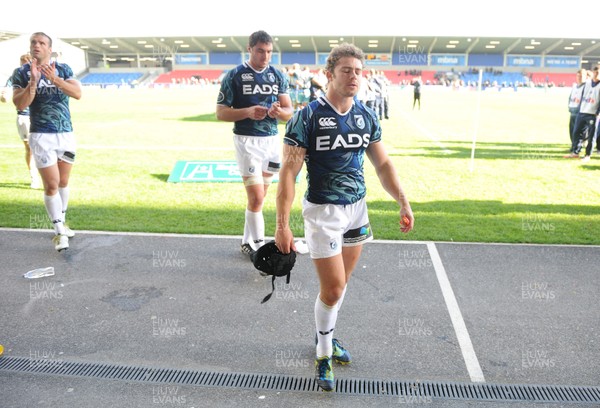 141012 - Sale v Cardiff Blues - Heineken Cup -Leigh Halfpenny of Cardiff Blues looks dejected at the end of the game