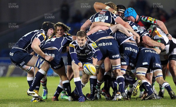 220213 Sale v Harlequins - Aviva Premiership - Sale Sharks' Will Cliff feeds the ball out from the base of a scrum 