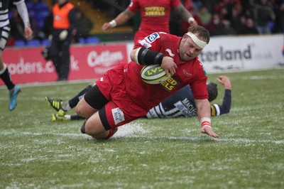 04.02.12 - Sale Sharks v Scarlets - LV= Cup.Peter Edwards of Scarlets scores a try..