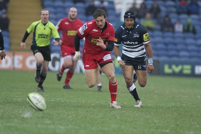 04.02.12 - Sale Sharks v Scarlets - LV= Cup.Scarlets' Andy Fenby chases his kick ahead of Sale's Sam Tuitupou..