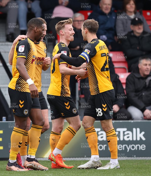 040323 - Salford City v Newport County - Sky Bet League 2 - Hayden Lindley of Newport County celebrates 1st goal of the match with captain Mickey Demetriou of Newport County