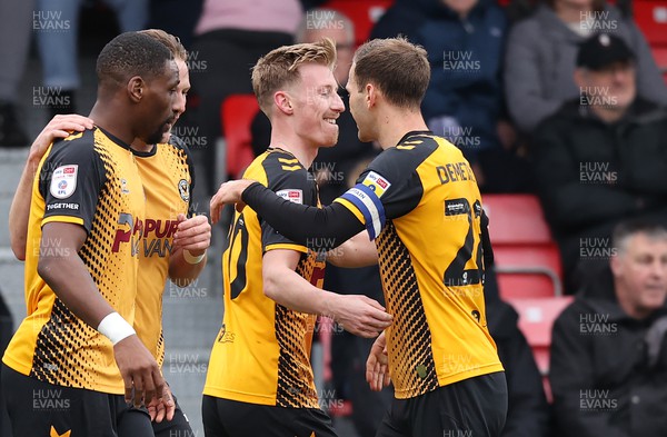040323 - Salford City v Newport County - Sky Bet League 2 - Hayden Lindley of Newport County celebrates 1st goal of the match with captain Mickey Demetriou of Newport County