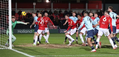 170226 - Salford City v Newport County - Sky Bet League 2 - Ryan Delaney of Newport heads the 1st goal home for Newport