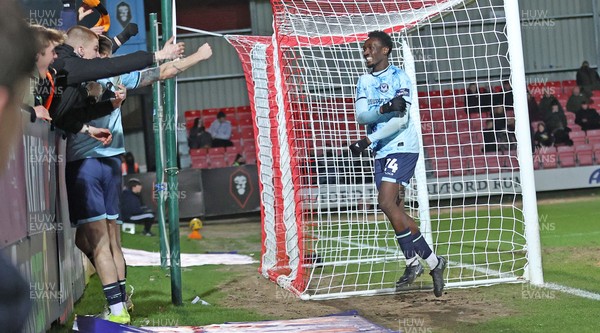 170226 - Salford City v Newport County - Sky Bet League 2 - Nathan Opoku of Newport celebrates scoring their third goal with travelling fans
