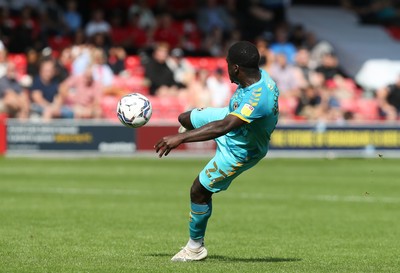 280821 - Salford City v Newport County, Sky Bet League 2 - Christopher Missilou of Newport County fires a spectacular shot against the post