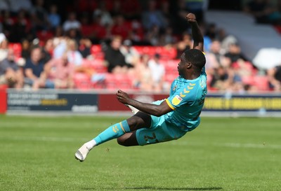 280821 - Salford City v Newport County, Sky Bet League 2 - Christopher Missilou of Newport County fires a spectacular shot against the post