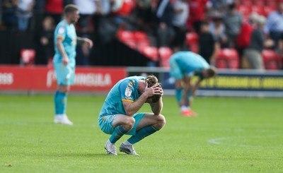 280821 - Salford City v Newport County, Sky Bet League 2 -Alex Fisher of Newport County reacts at the final whistle