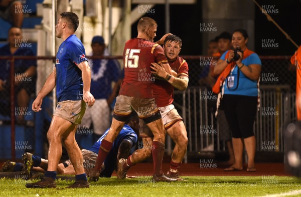 230617 - Samoa v Wales - Steff Evans of Wales celebrates his second try with Gareth Anscombe