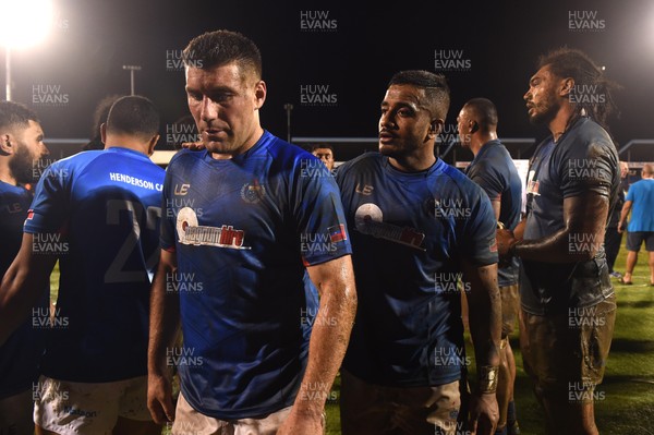230617 - Samoa v Wales - Kieron Fonotia and Rey Lee-Lo of Samoa look dejected at the end of the game