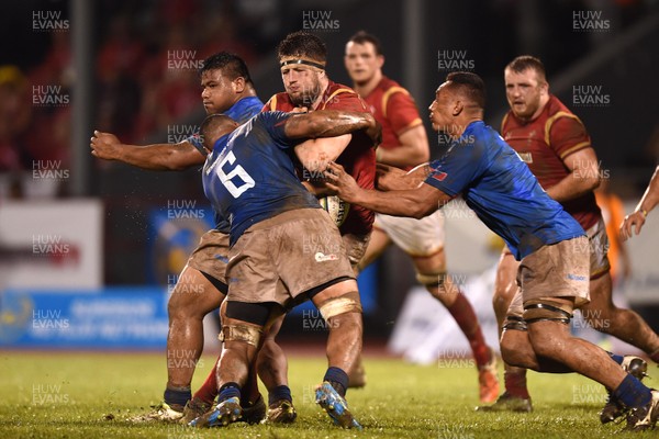 230617 - Samoa v Wales - Rory Thornton of Wales takes on Piula Faasalele of Samoa