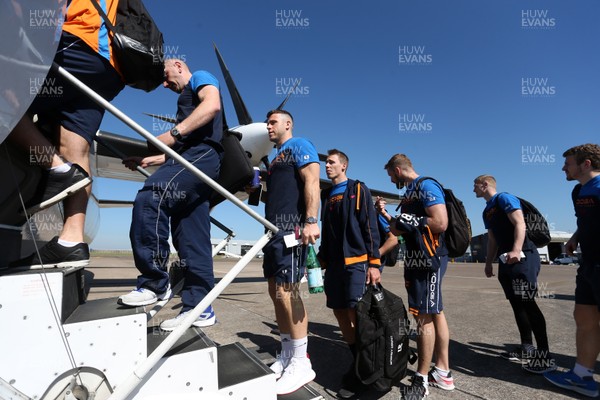 260517 - Scarlets depart Cardiff for Dublin ahead of their PRO12 Final - Gareth Davies, Liam Williams and John Barclay board the plane