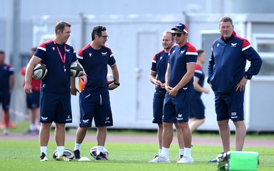 050819 - Scarlets Rugby Training - Ioan Cunningham, Dai Flanagan, Richard Wiffin, Brad Mooar and Glenn Delaney during training