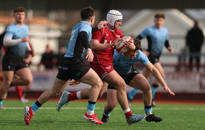 160225  Scarlets U18s v Cardiff U18s, WRU Regional Age Grade Semi Final - Jake Bowen of Scarlets is tackled just short of the line