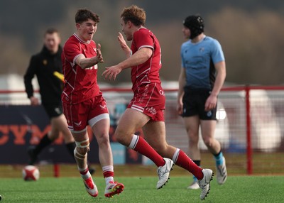 160225  Scarlets U18s v Cardiff U18s, WRU Regional Age Grade Semi Final - Thomas Williams of Scarlets celebrates with Sion Jones of Scarlets after he races in to score try