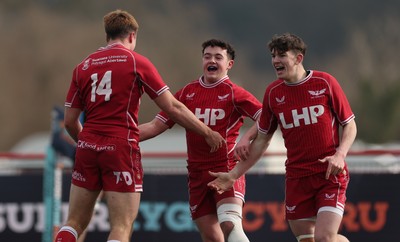 160225  Scarlets U18s v Cardiff U18s, WRU Regional Age Grade Semi Final - Thomas Williams of Scarlets celebrates with Cellan Allcock of Scarlets and Sion Jones of Scarlets after he races in to score try