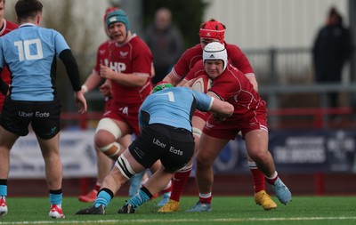 160225  Scarlets U18s v Cardiff U18s, WRU Regional Age Grade Semi Final - Jake Bowen of Scarlets takes on Theo Williams of Cardiff Rugby