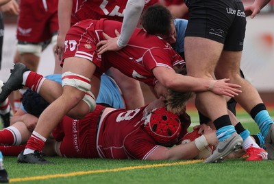 160225  Scarlets U18s v Cardiff U18s, WRU Regional Age Grade Semi Final - Osian Williams of Scarlets reaches out to score try