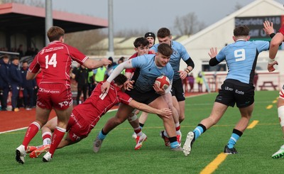 160225  Scarlets U18s v Cardiff U18s, WRU Regional Age Grade Semi Final - Ioan Leyshon of Cardiff Rugby takes on Tomos Lewis of Scarlets