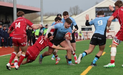 160225  Scarlets U18s v Cardiff U18s, WRU Regional Age Grade Semi Final - Ioan Leyshon of Cardiff Rugby takes on Tomos Lewis of Scarlets